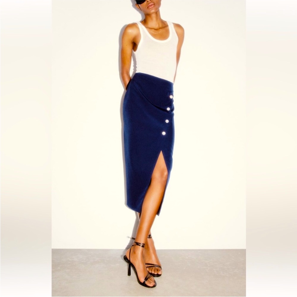 ZARA Navy Blue Skirt with Jeweled Embellished Buttons